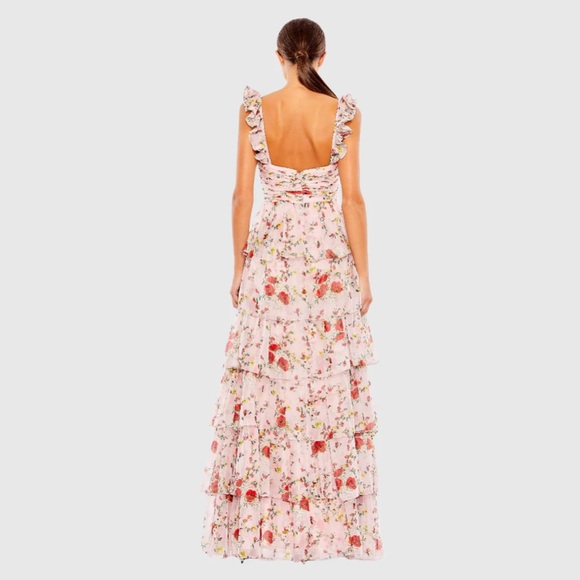 Ieena for Mac Duggal Pink Floral Tiered Layered Ruffle Sleeve Maxi Gown 8 NWT - Picture 2 of 12